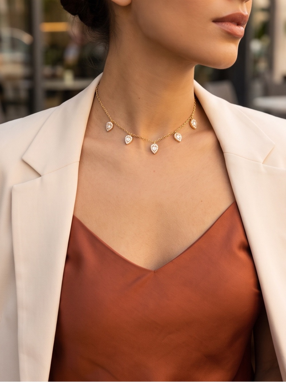 Gold Dangle Tear-Drop Crystal Choker Necklace – Adjustable & Hypoallergenic